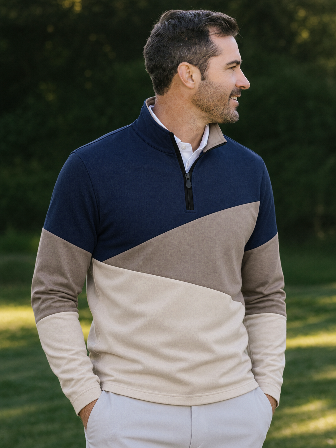 Navy Taupe Colorblock Print Performance Golf Quarter-Zip Pullover