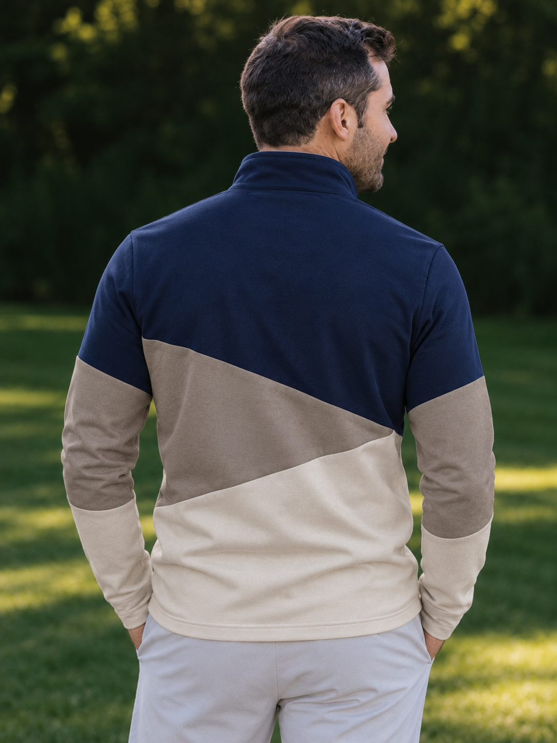 Navy Taupe Colorblock Print Performance Golf Quarter-Zip Pullover
