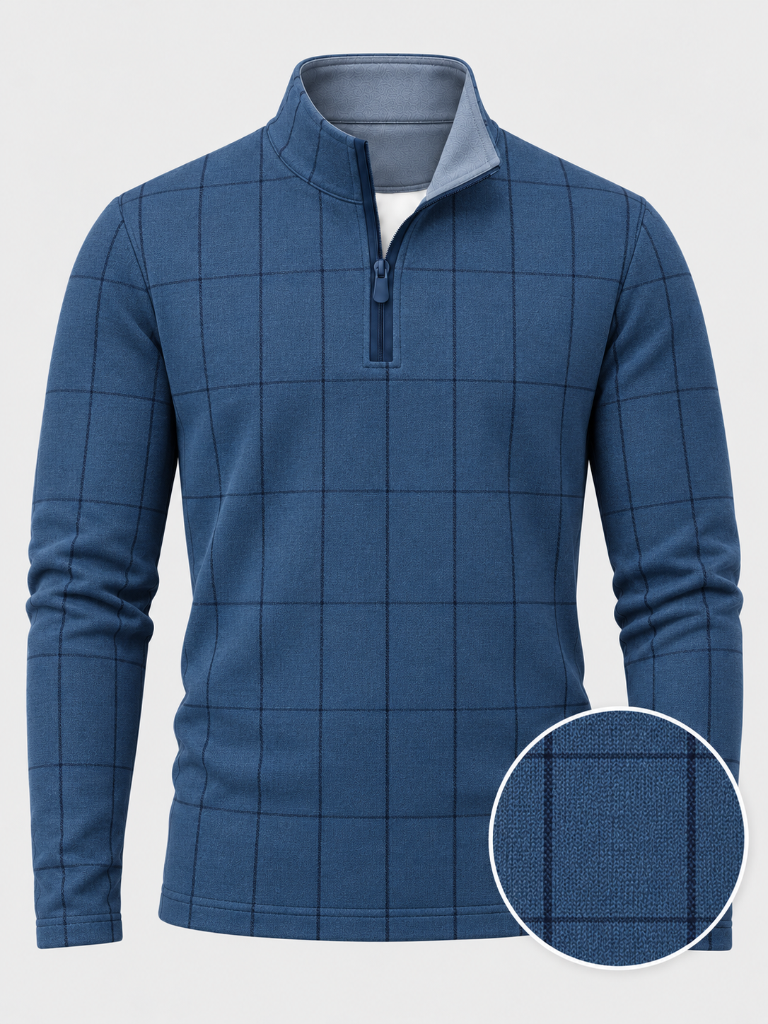 Steel Blue Windowpane Plaid Print Performance Golf Quarter-Zip Pullover