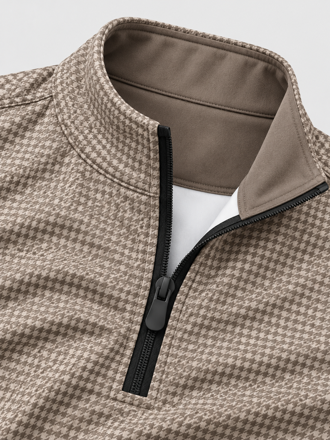 Classic Taupe Houndstooth Print Men's Golf Quarter-Zip Pullover