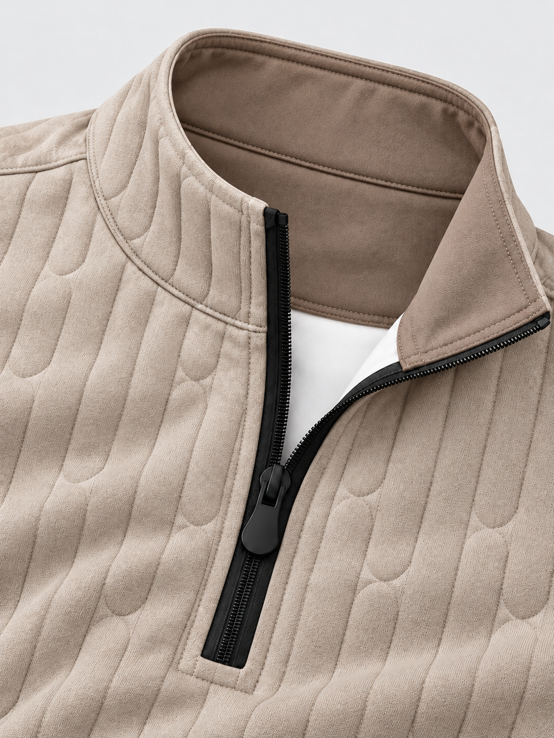 Oatmeal Beige Vertical Cable Texture Print Performance Golf Quarter-Zip Pullover