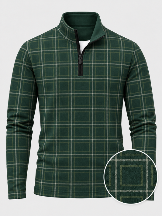 Evergreen Windowpane Plaid Print Performance Golf Quarter-Zip Pullover