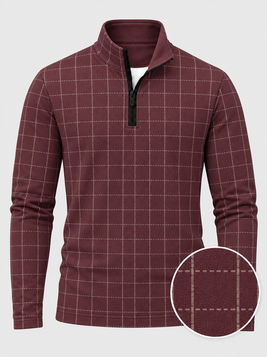 Burgundy Stitched Windowpane Print Performance Golf Quarter-Zip Pullover