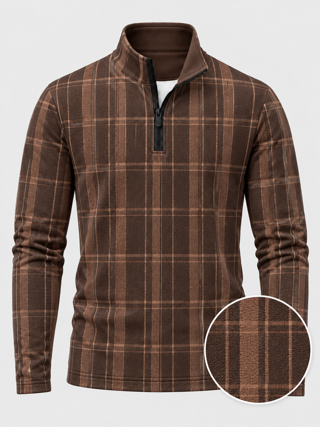 Mocha Brown Layered Plaid Print Performance Golf Quarter-Zip Pullover