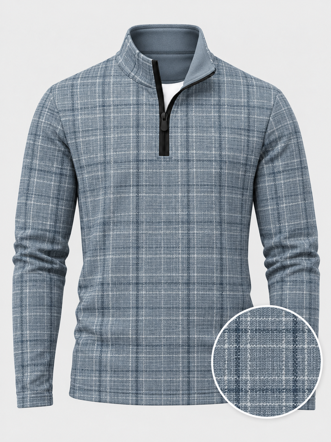 Dusty Blue Crosshatch Plaid Print Performance Golf Quarter-Zip Pullover