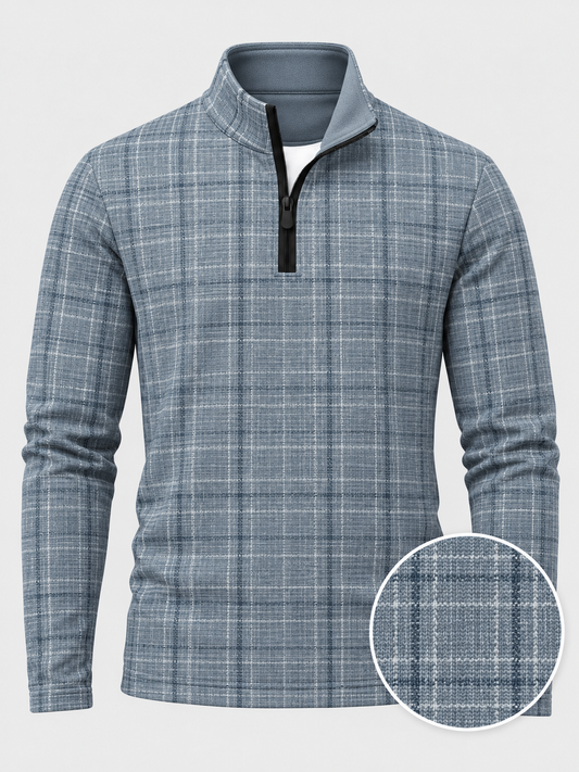 Dusty Blue Crosshatch Plaid Print Performance Golf Quarter-Zip Pullover