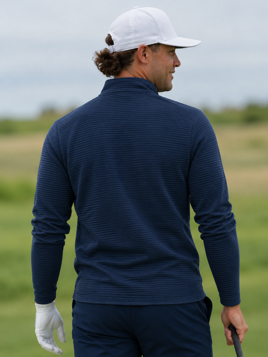 Deep Navy Ribbed Texture Print Performance Golf Quarter-Zip Pullover