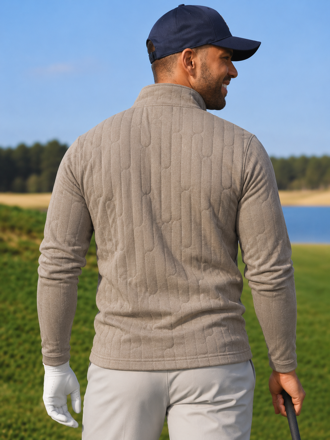 Oatmeal Beige Vertical Cable Texture Print Performance Golf Quarter-Zip Pullover