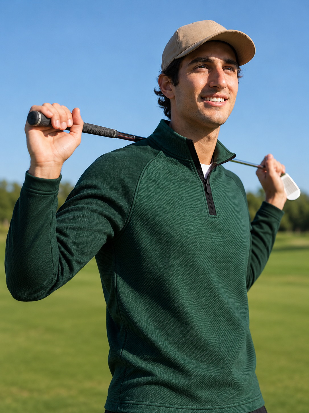 Forest Green Diagonal Ribbed Texture Print Performance Golf Quarter-Zip Pullover