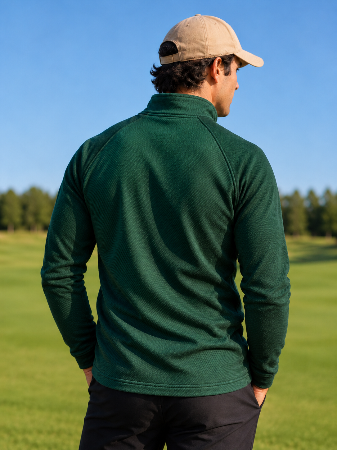 Forest Green Diagonal Ribbed Texture Print Performance Golf Quarter-Zip Pullover