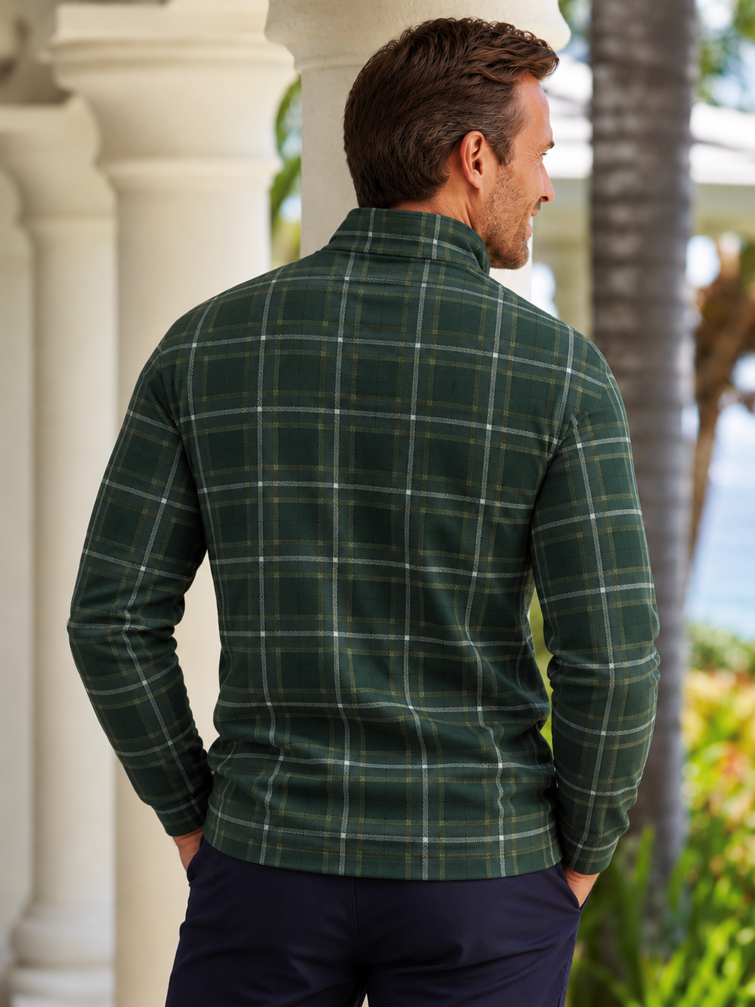 Evergreen Windowpane Plaid Print Performance Golf Quarter-Zip Pullover