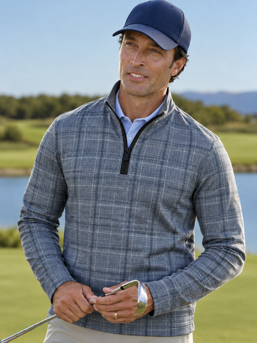 Dusty Blue Crosshatch Plaid Print Performance Golf Quarter-Zip Pullover