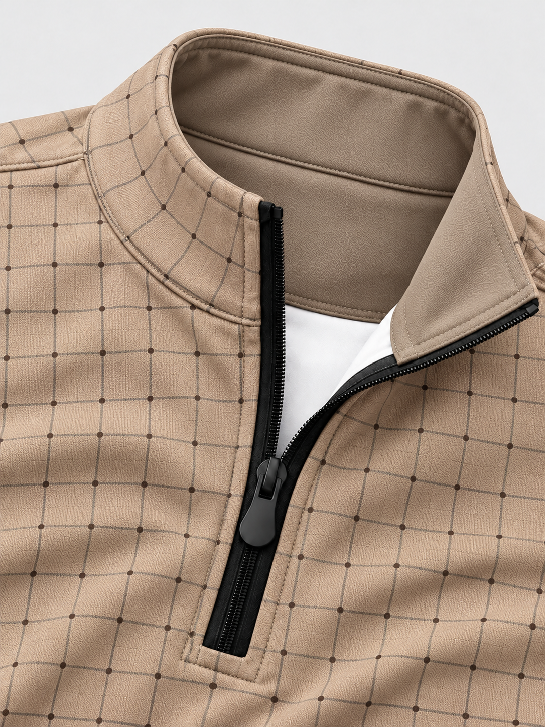 Sand Beige Dotted Windowpane Check Print Performance Golf Quarter-Zip Pullover