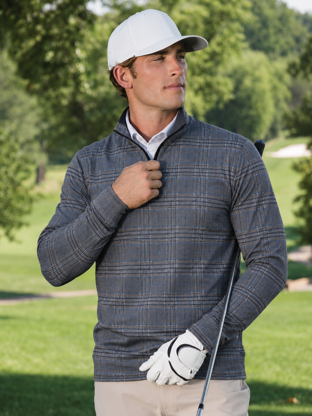 Blue Gray Plaid Performance Golf Quarter-Zip Pullover