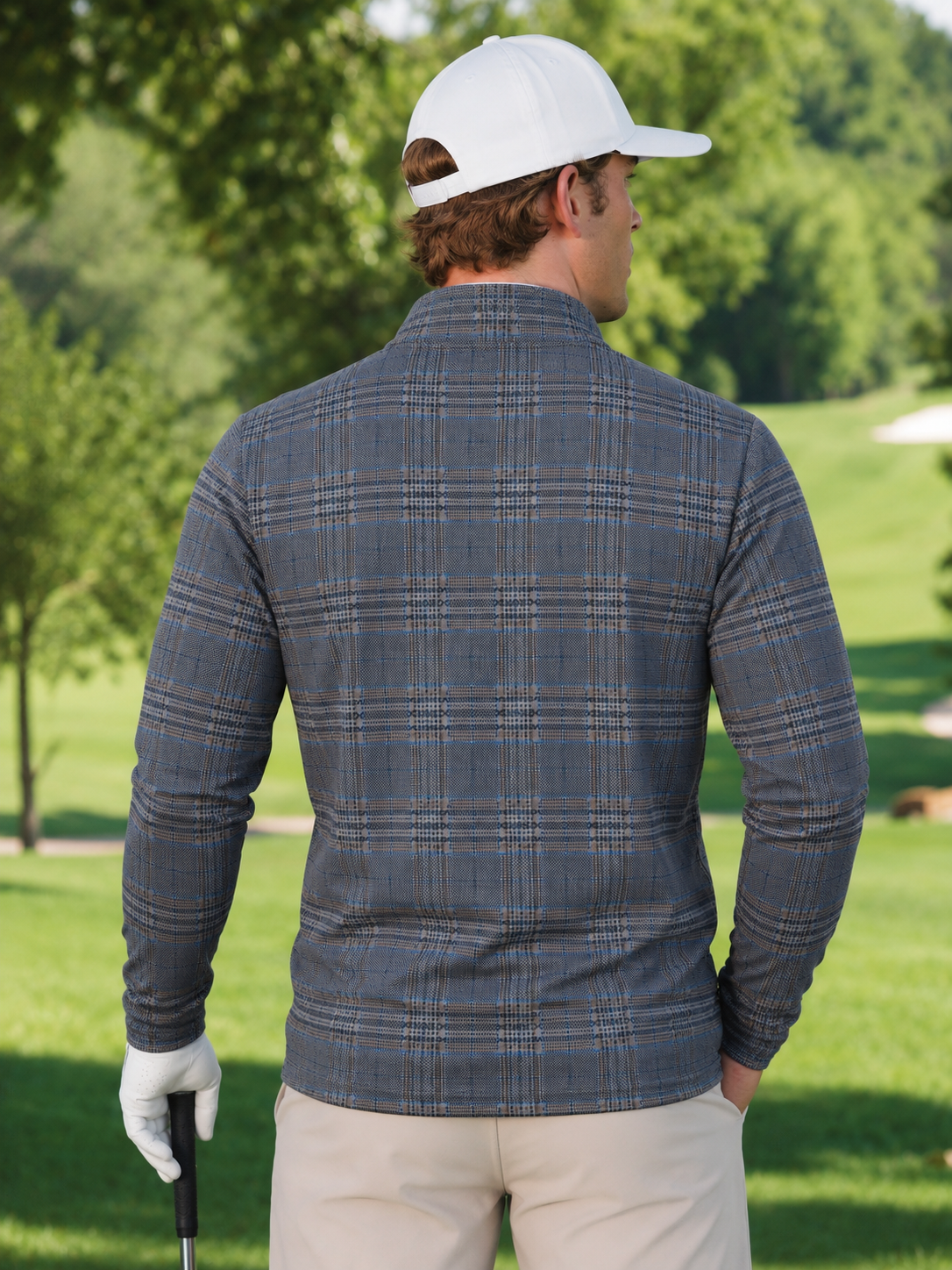 Blue Gray Plaid Performance Golf Quarter-Zip Pullover