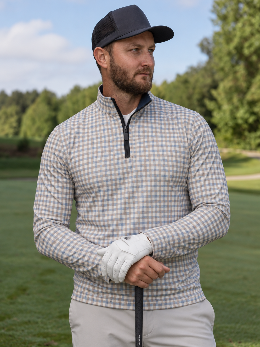 Blue Beige Plaid Performance Golf Quarter-Zip Pullover