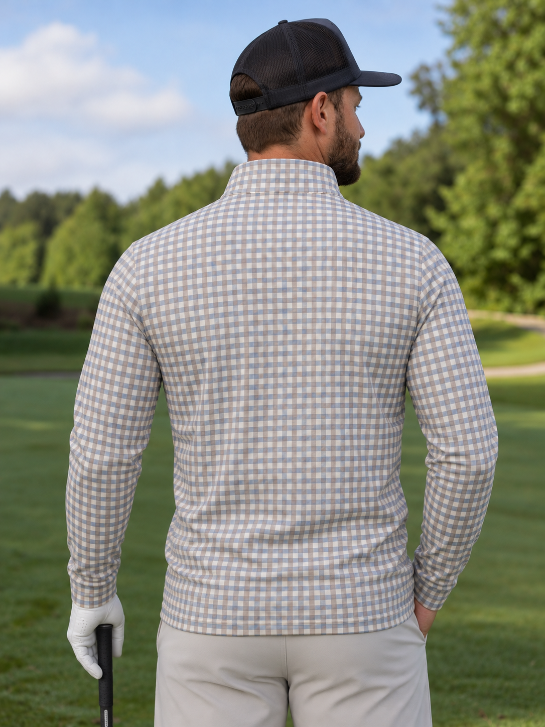 Blue Beige Plaid Performance Golf Quarter-Zip Pullover