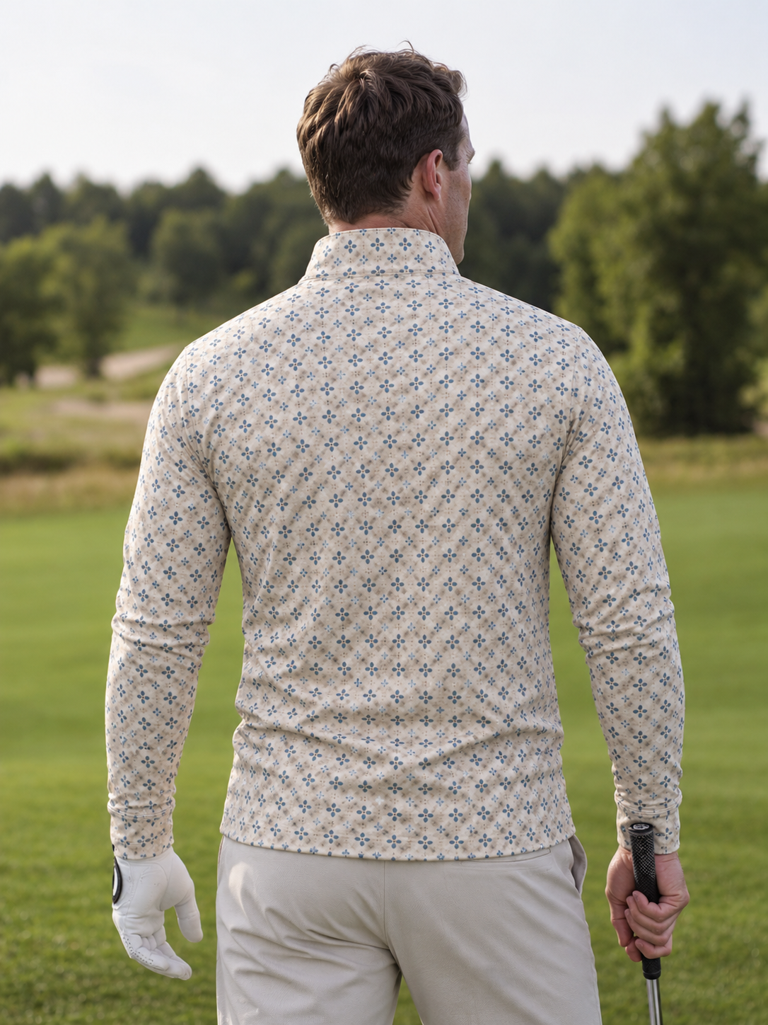 Cream Blue Floral Performance Golf Quarter-Zip Pullover
