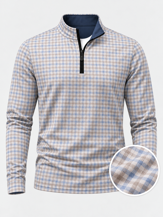 Blue Beige Plaid Performance Golf Quarter-Zip Pullover
