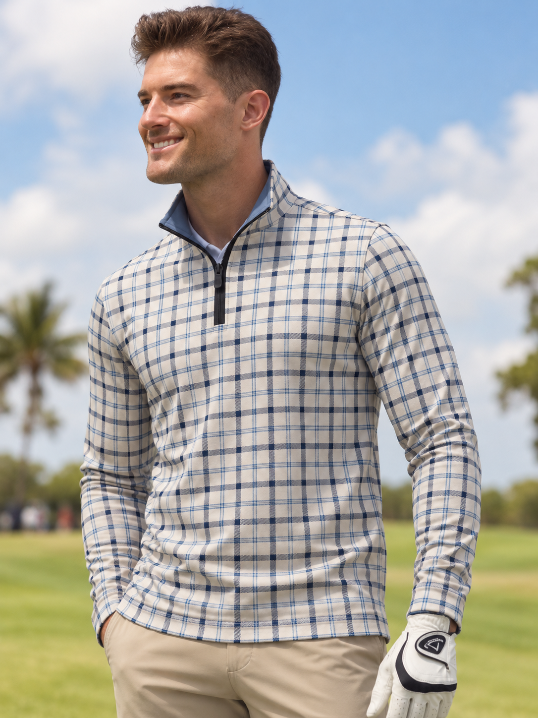 Heritage Blue Checkered Print Men's Golf Quarter-Zip Pullover