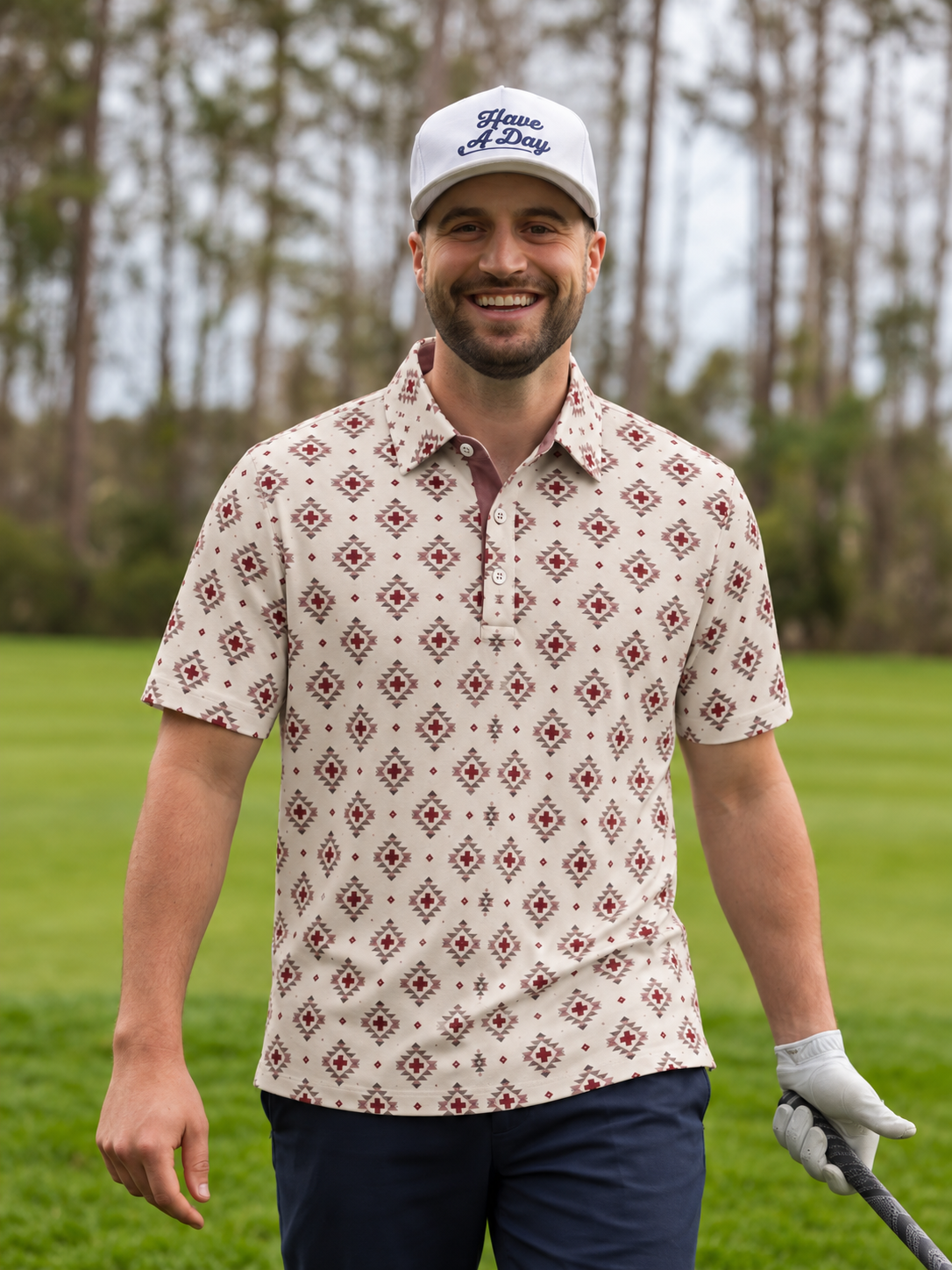 Red Geometric Performance Golf Polo