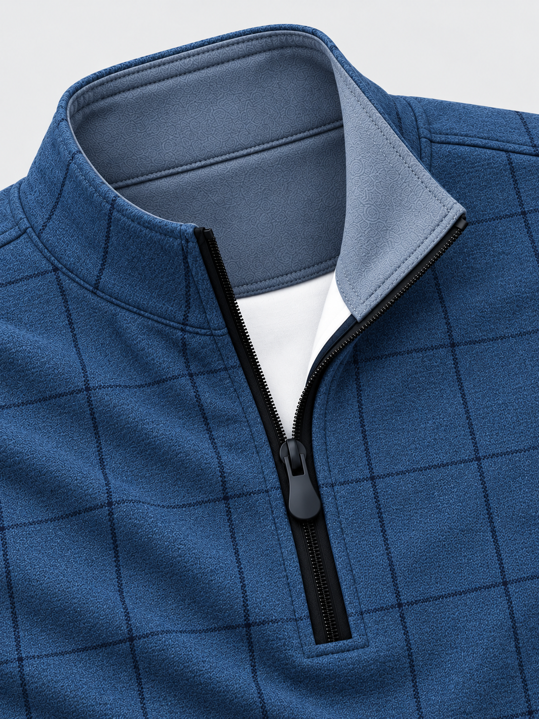 Steel Blue Windowpane Plaid Print Performance Golf Quarter-Zip Pullover