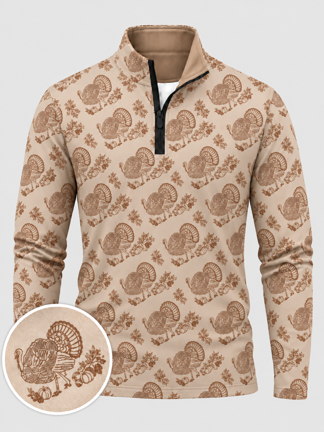 Beige Vintage Turkey Print Performance Golf Quarter-Zip Pullover