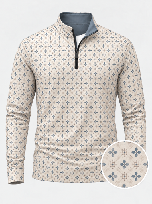 Cream Blue Floral Performance Golf Quarter-Zip Pullover