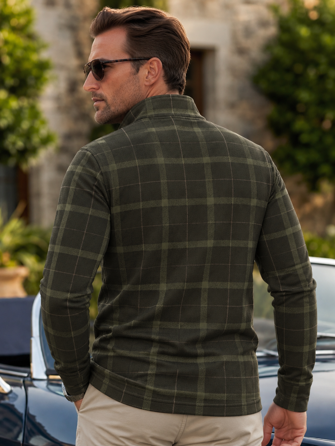 Dark Olive Green Heritage Plaid Print Performance Golf Quarter-Zip Pullover