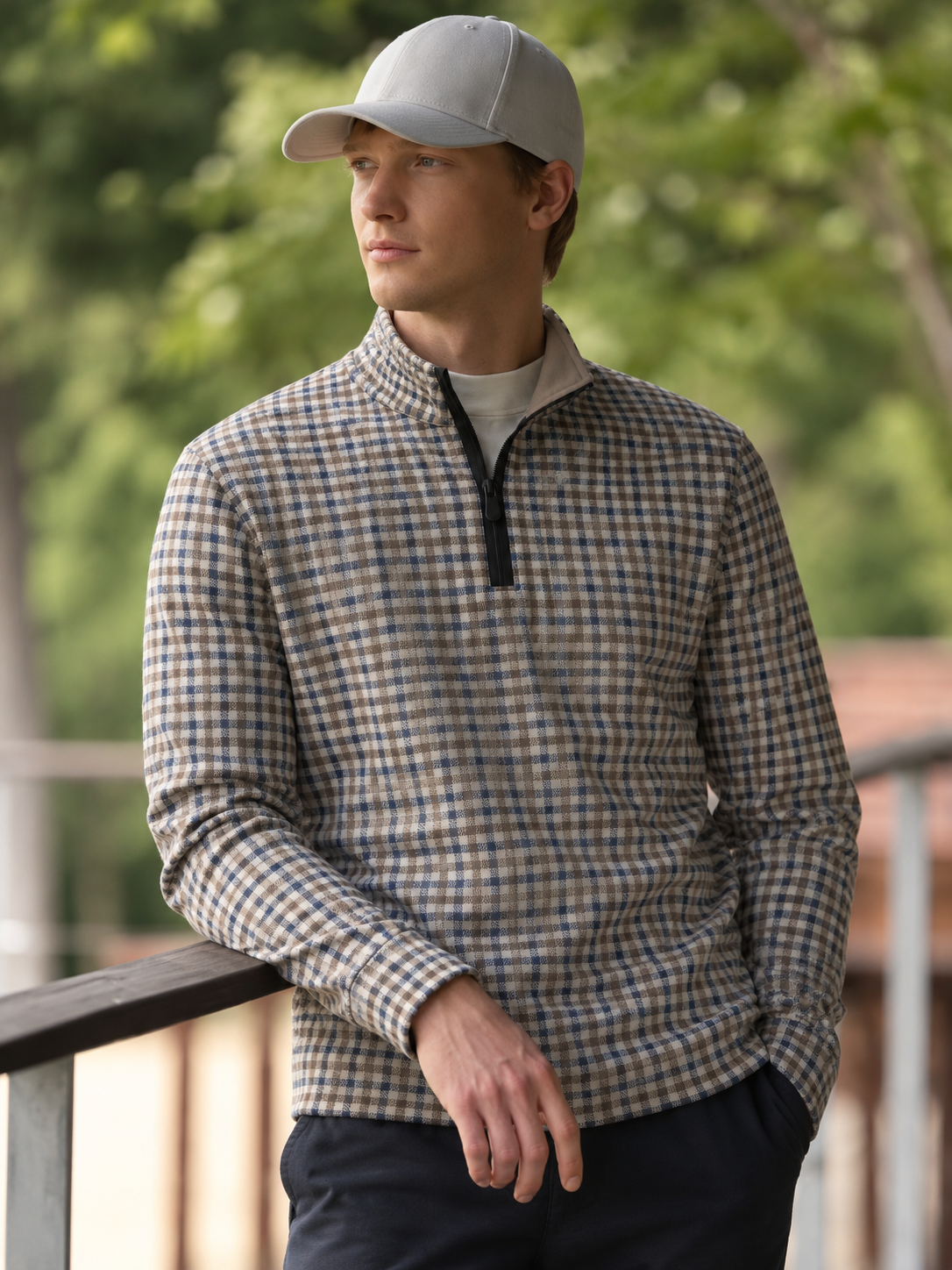 Navy Blue & Taupe Micro Check Print Performance Golf Quarter-Zip Pullover