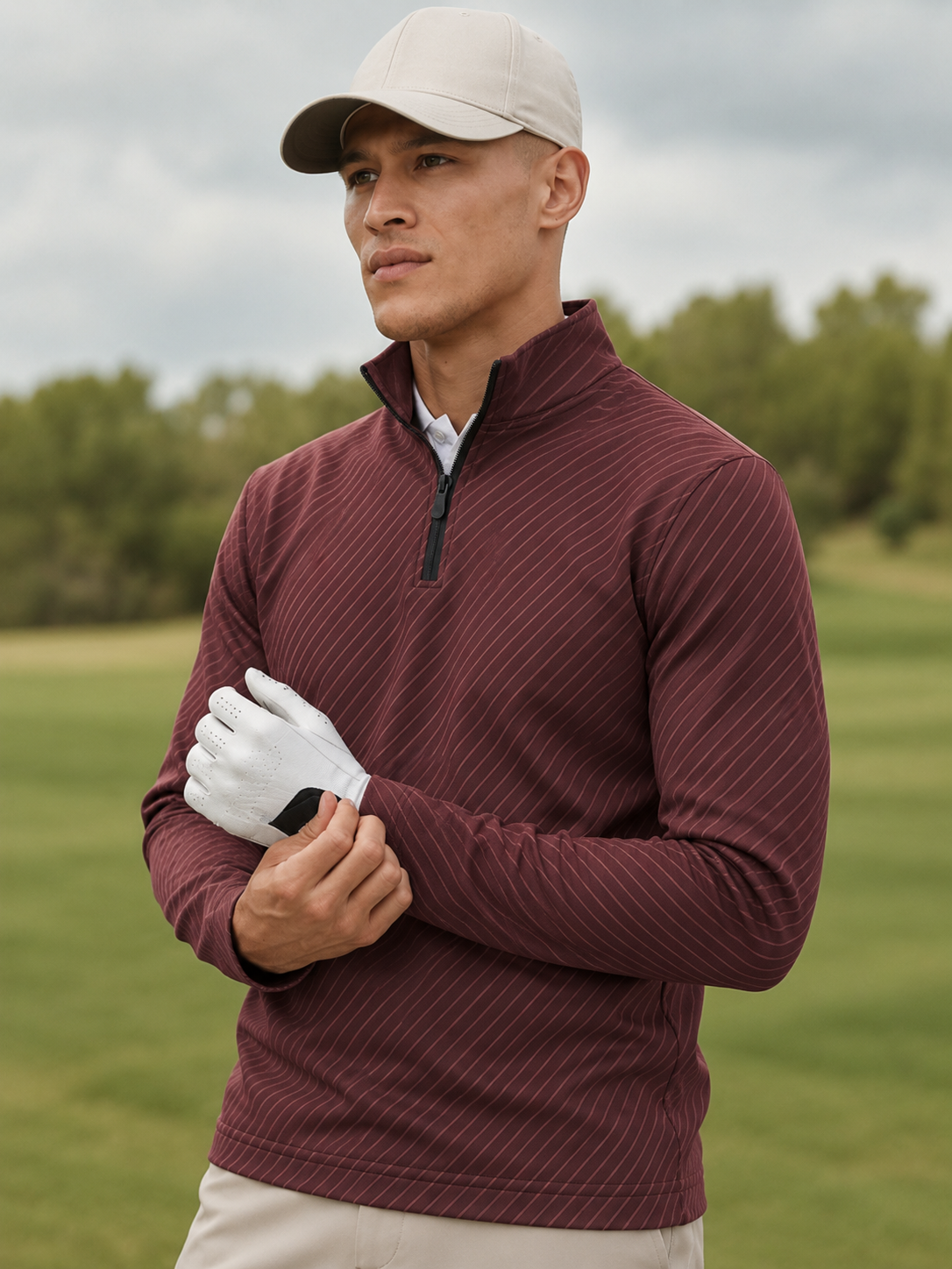 Burgundy Diagonal Stripe Print Performance Golf Quarter-Zip Pullover