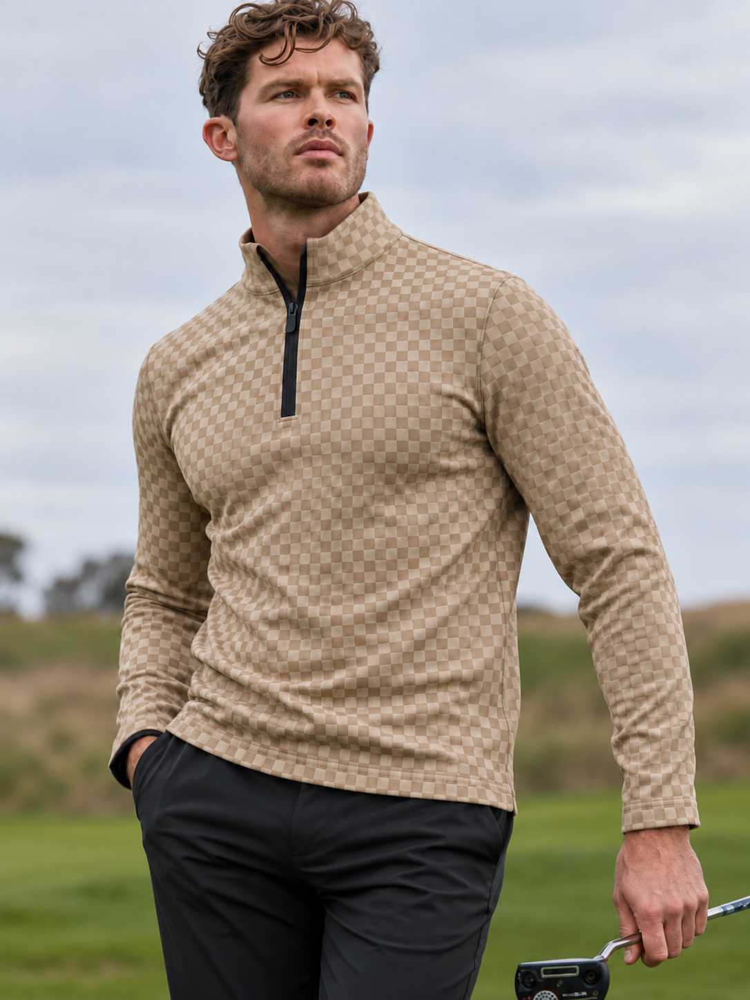 Cream Beige Checkerboard Print Performance Golf Quarter-Zip Pullover