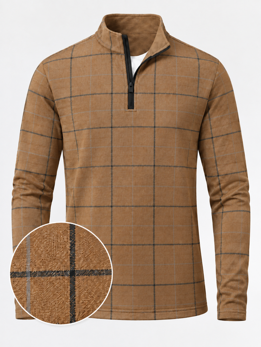 Camel Windowpane Check Performance Quarter-Zip Pullover