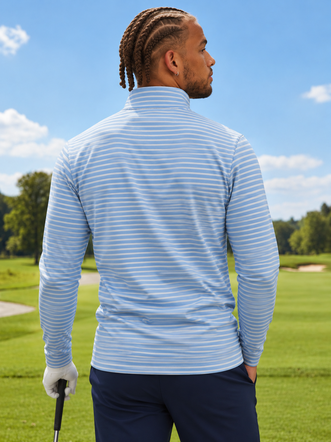 Light Blue Horizontal Stripe Print Performance Golf Quarter-Zip Pullover