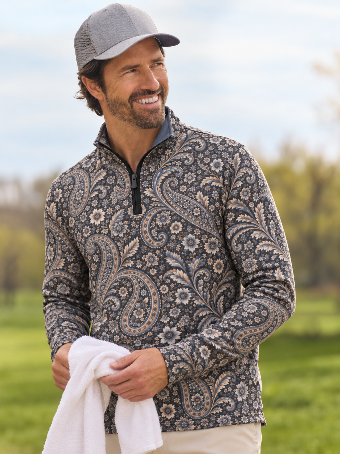 Blue Floral Paisley Print Performance Golf Quarter-Zip Pullover