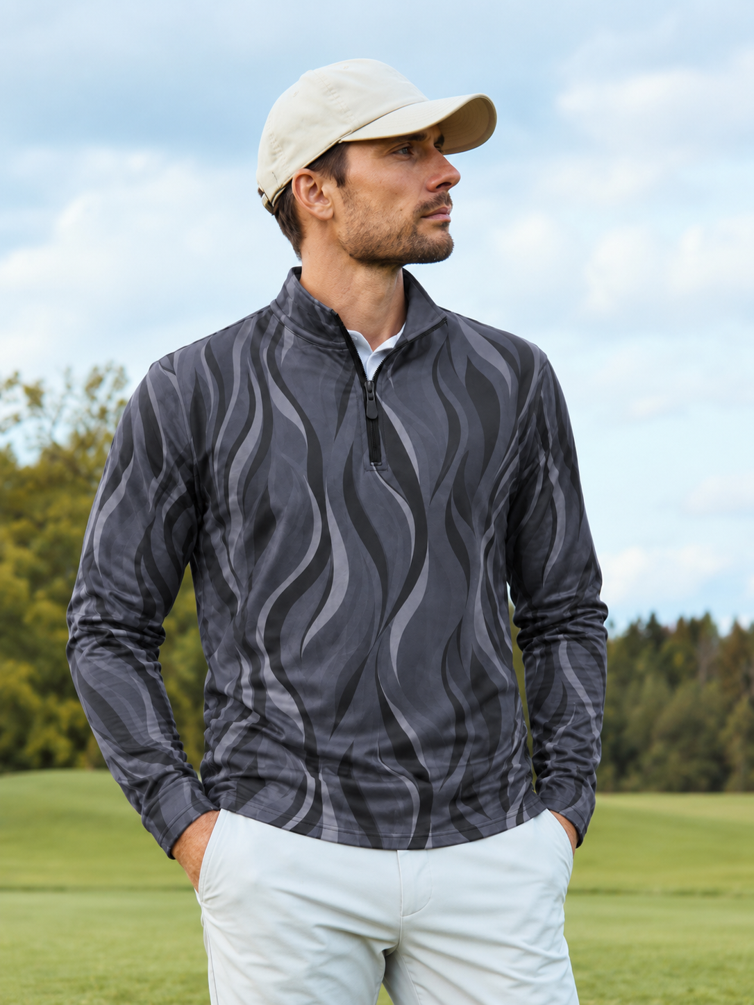 Charcoal Gray Wave Print Golf Quarter-Zip Pullover