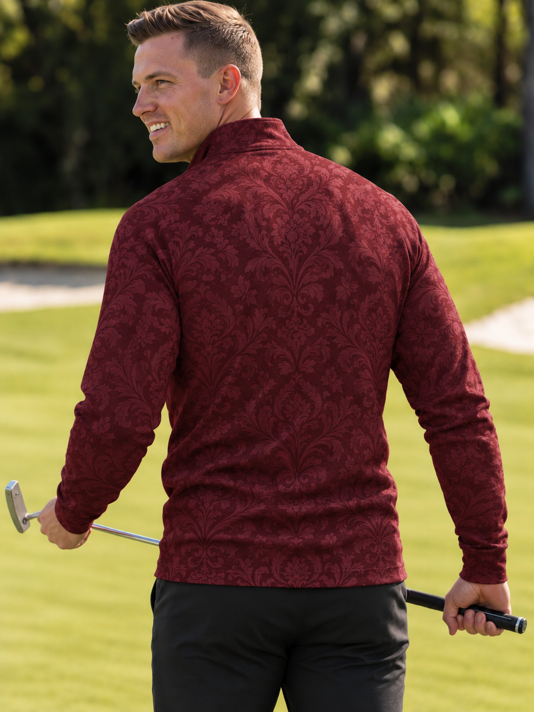 Burgundy Ornate Damask Print Performance Golf Quarter-Zip Pullover