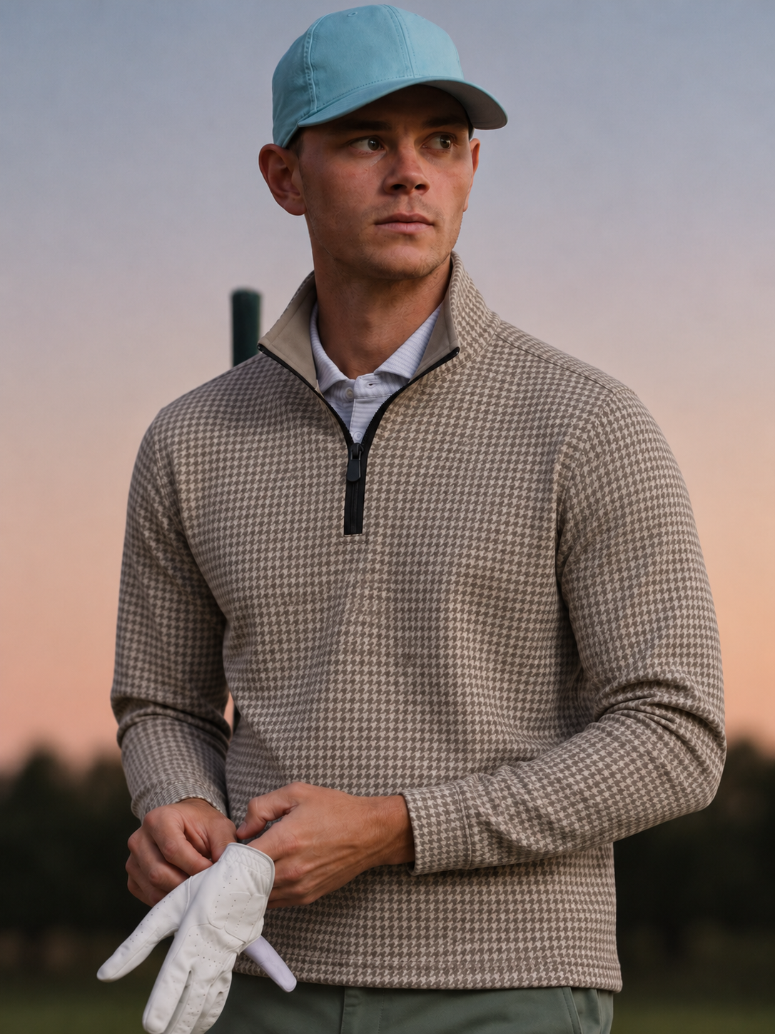 Classic Taupe Houndstooth Print Men's Golf Quarter-Zip Pullover