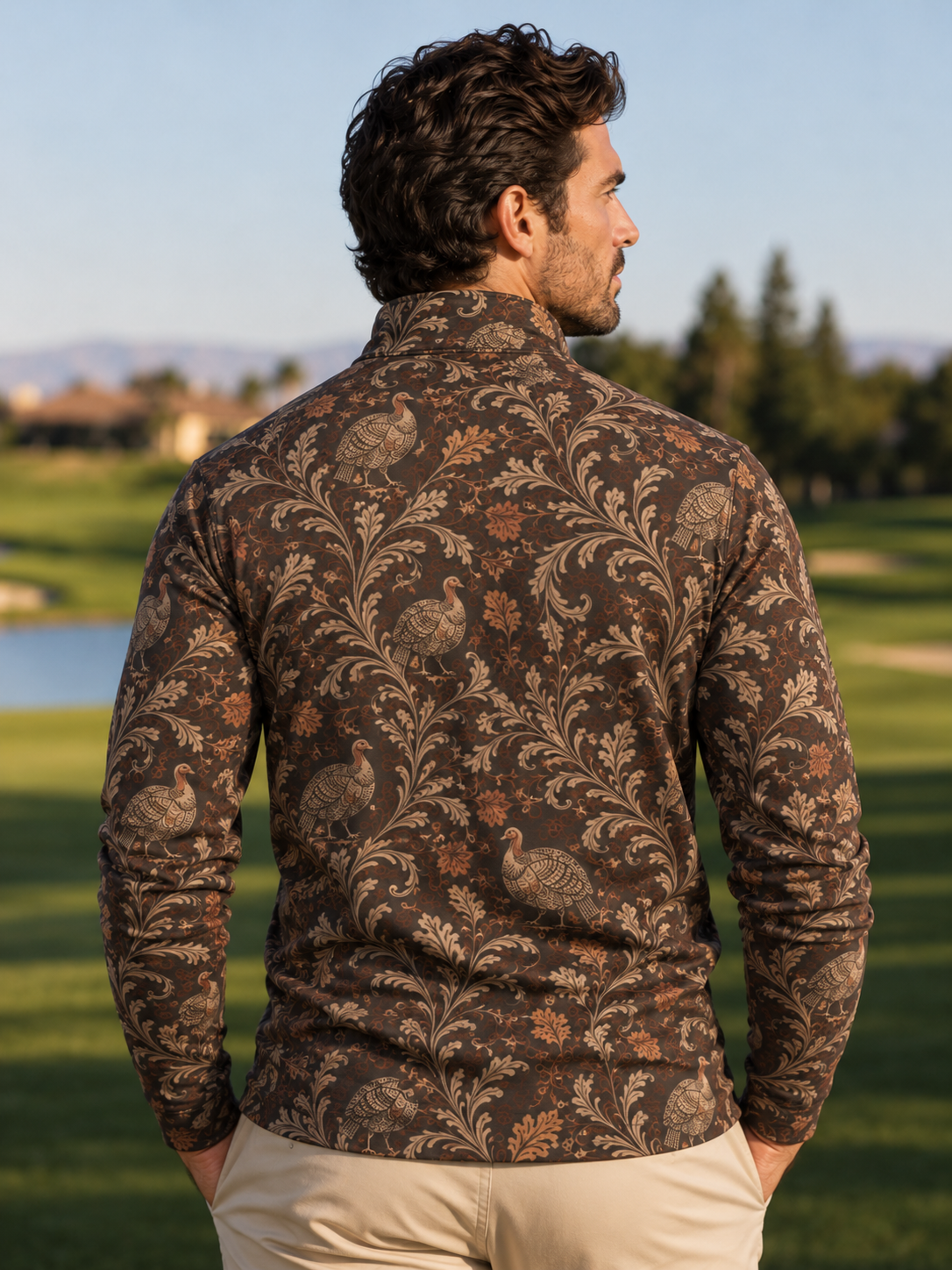 Dark Brown Vintage Turkey Print Performance Golf Quarter-Zip Pullover
