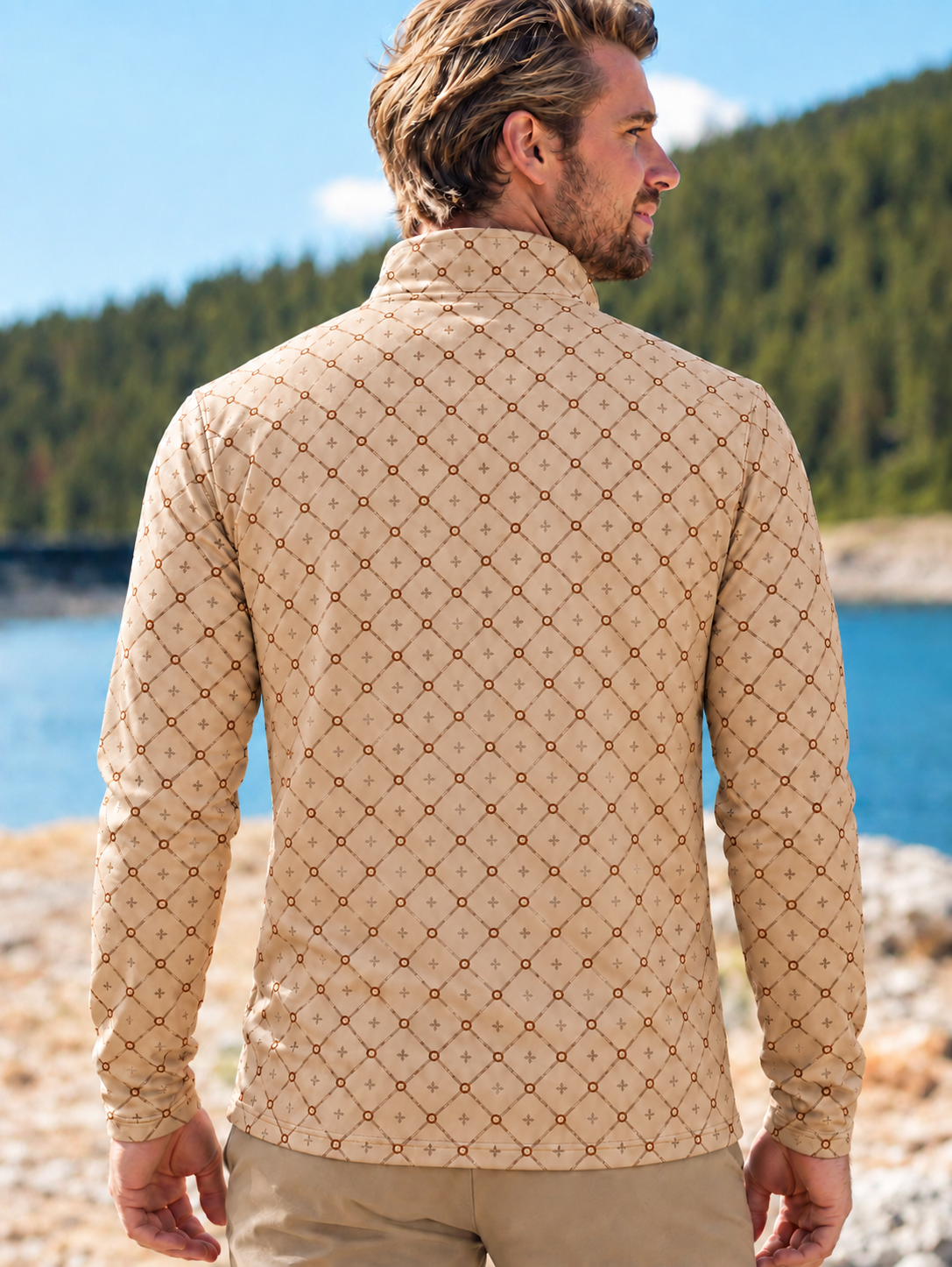 Tan Geometric Print Performance Golf Quarter Zip Pullover