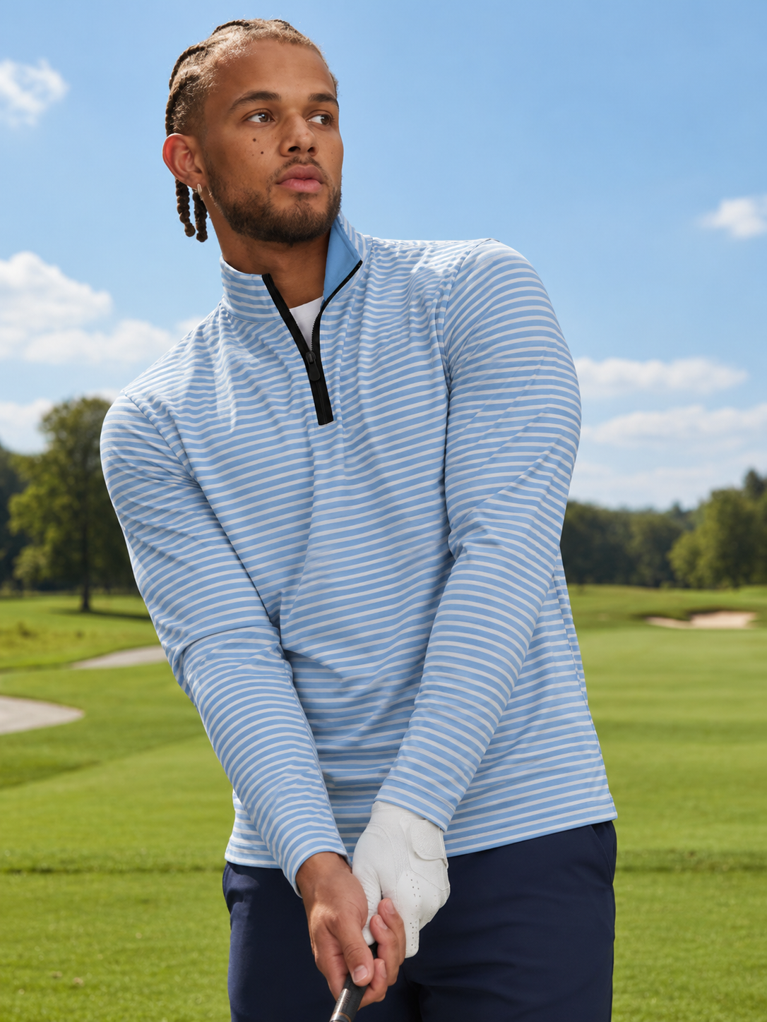 Light Blue Horizontal Stripe Print Performance Golf Quarter-Zip Pullover
