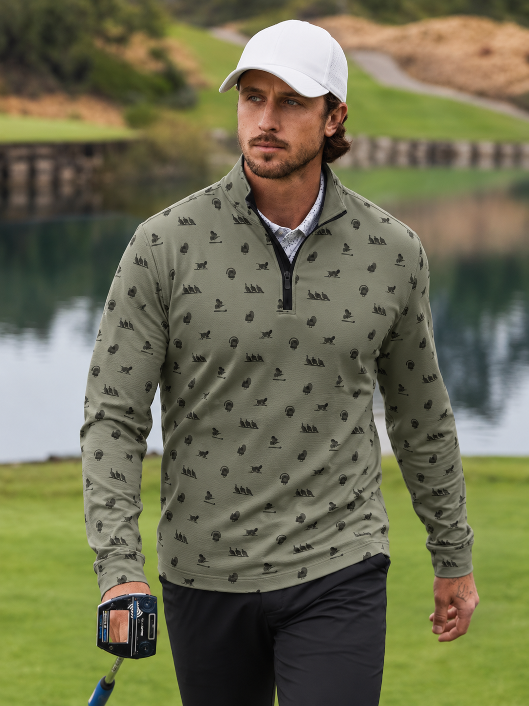 Sage Green Turkey Print Performance Golf Quarter-Zip Pullover