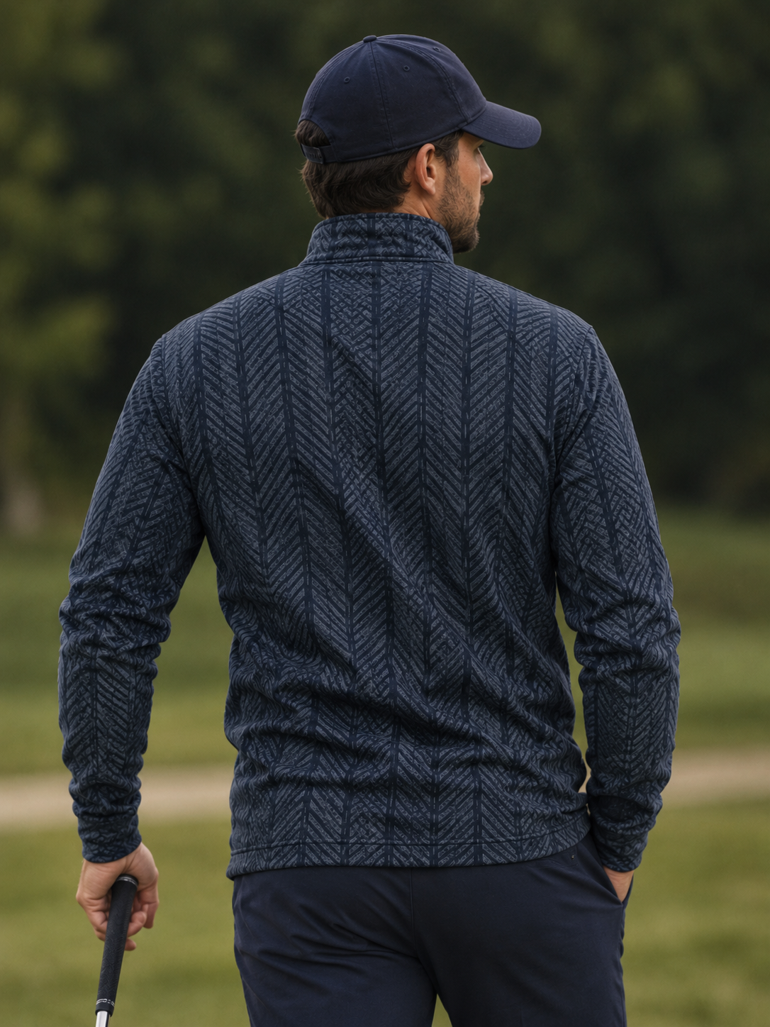 Navy Blue Herringbone Print Performance Golf Quarter-Zip Pullover
