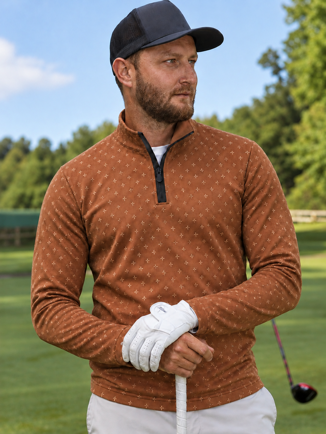 Terracotta Micro Cross Print Performance Golf Quarter-Zip Pullover