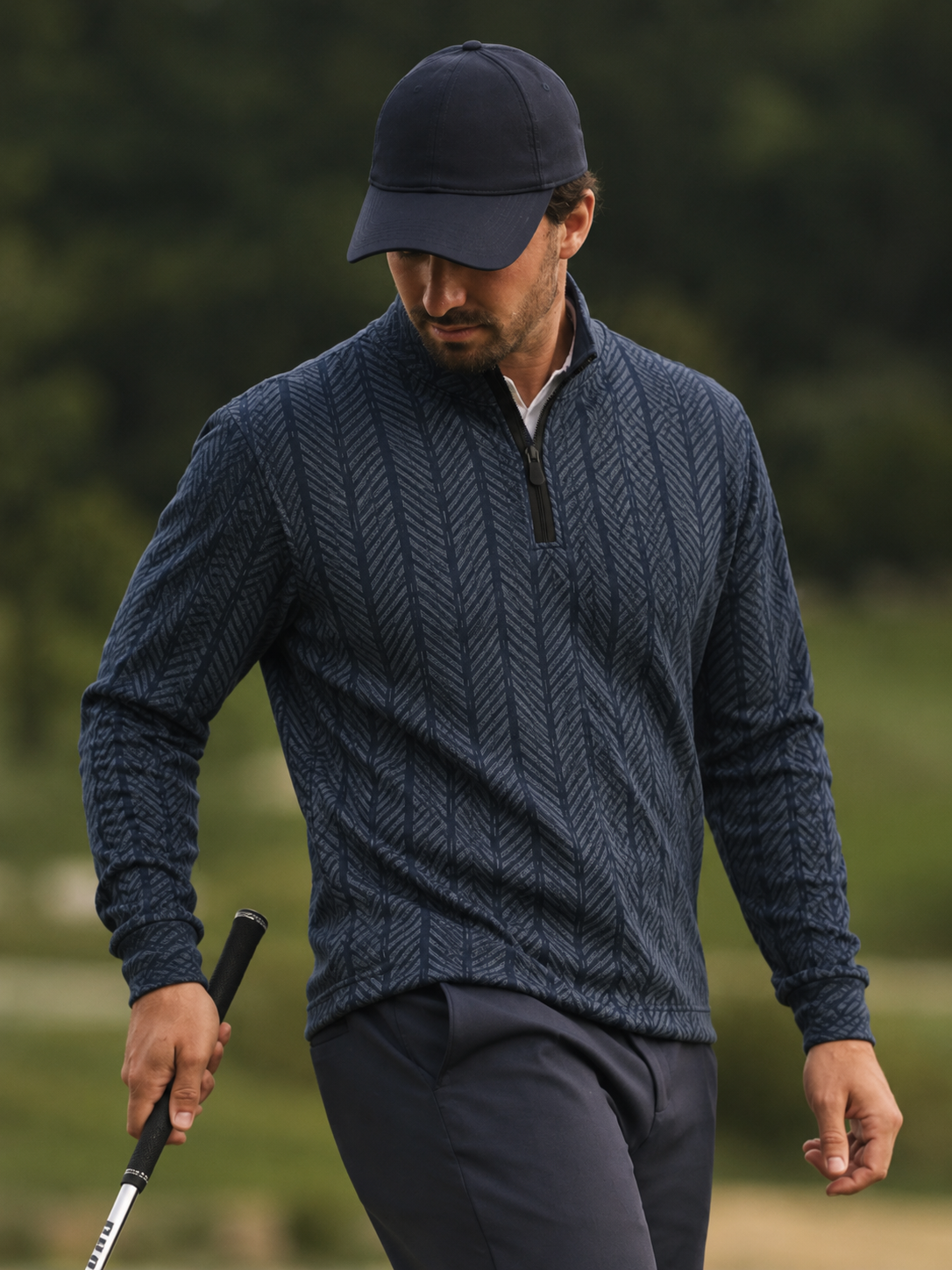 Navy Blue Herringbone Print Performance Golf Quarter-Zip Pullover