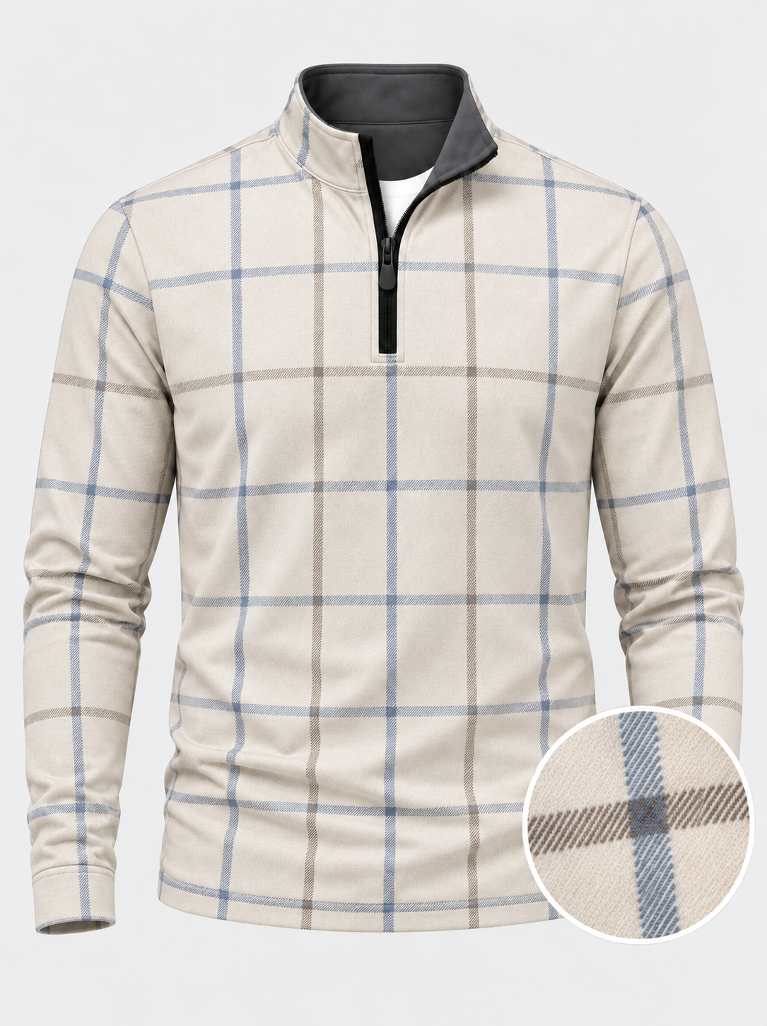 Cream Blue Plaid Performance Golf Quarter-Zip Pullover