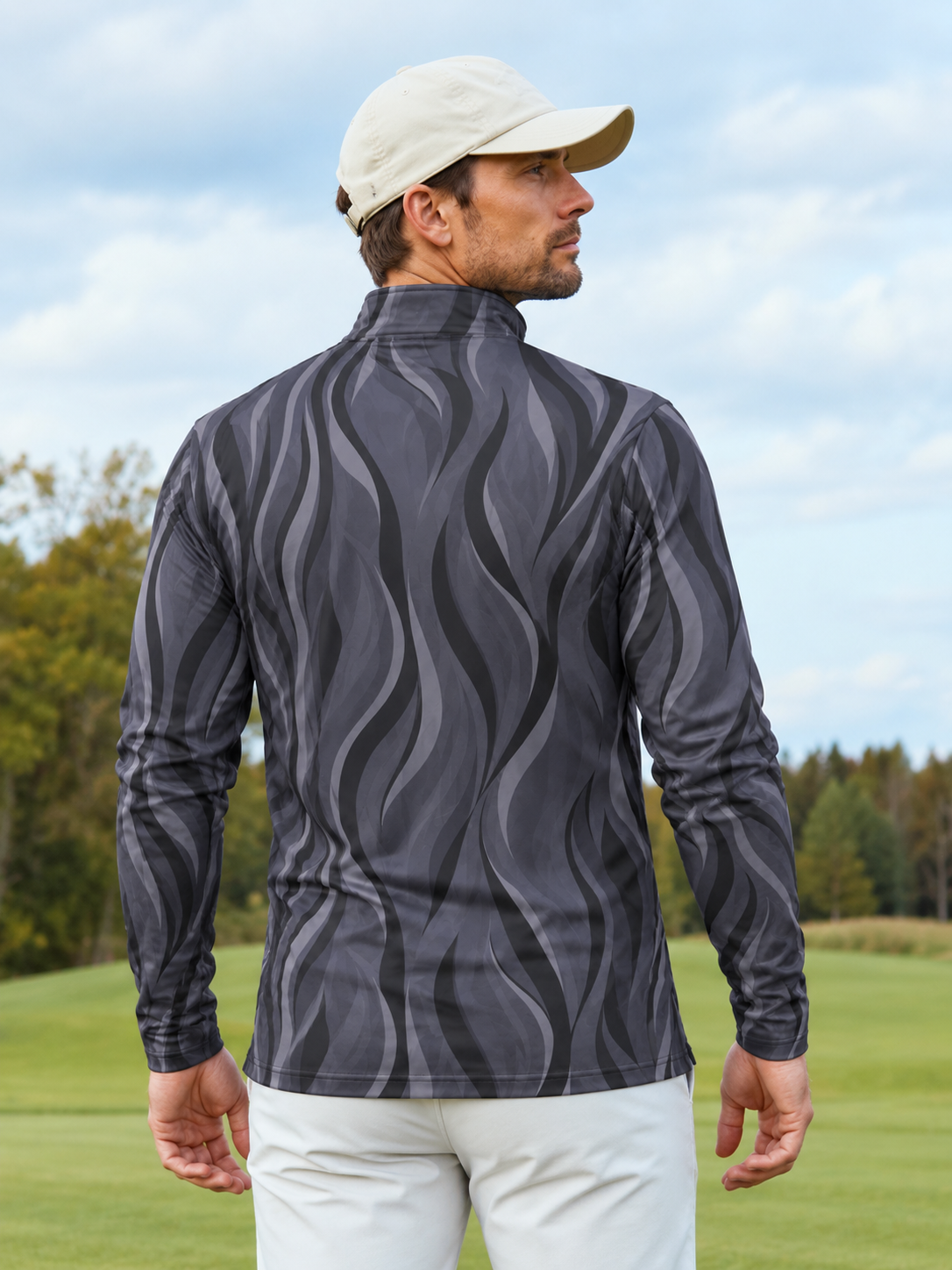 Charcoal Gray Wave Print Golf Quarter-Zip Pullover