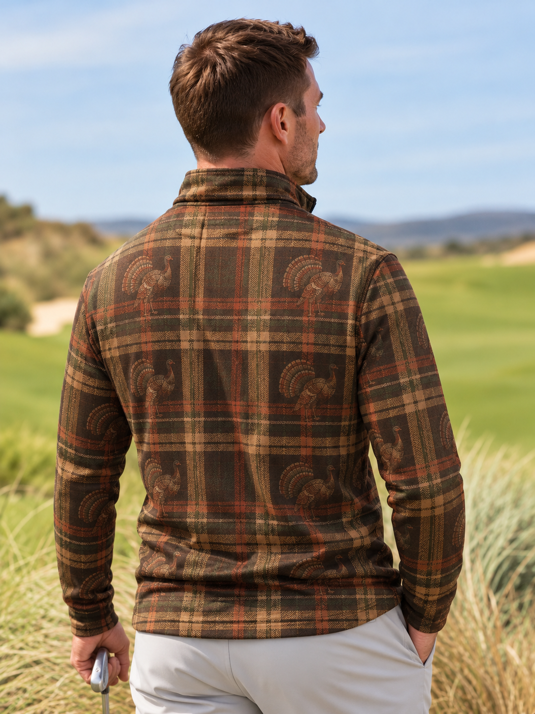 Vintage Thanksgiving Turkey Plaid Print Performance Golf Quarter-Zip Pullover