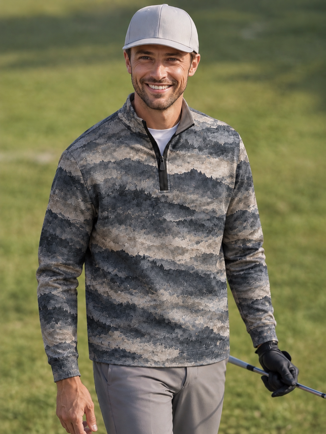 Slate Blue Misty Mountain Landscape Print Performance Golf Quarter-Zip Pullover