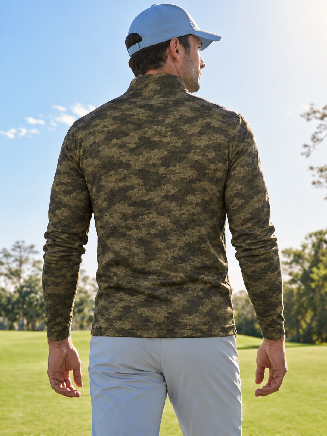 Olive Green Camo Print Performance Golf Quarter-Zip Pullover